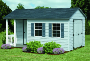 Amish portable storage shed called 10x16 Deluxe Vinyl A-Frame with Porch Nook and Additional Door