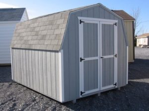 8x10 cheap utility storage shed economy mini barn with duratemp walls, asphalt shingles and gray walls and white trim paint delivered to Frederick Maryland