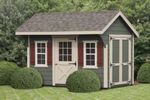 8x12 deluxe amish quaker storage shed with avocado LP lap siding and merteck slmond trim, 5' double door, red 3 slat shutters and weatherwood shingles, also has optional extra 3' wood door with 9 lite window with hinges on all doors.