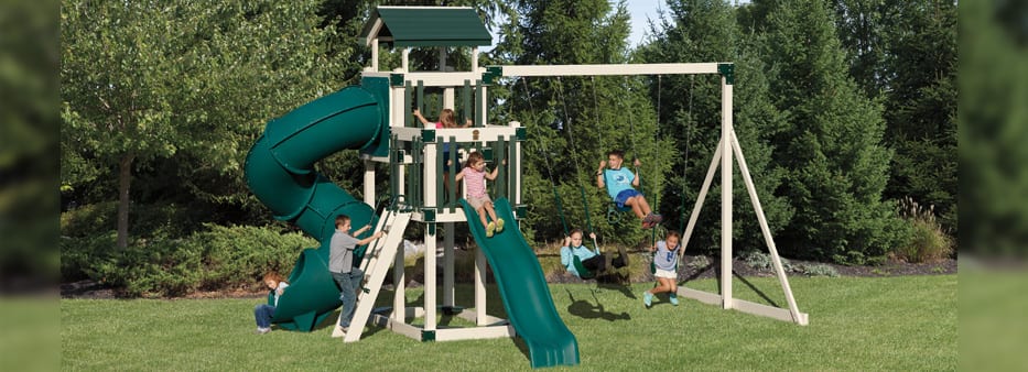 High tower vinyl playset with tube slide and regular slide and high bar with multiple swings